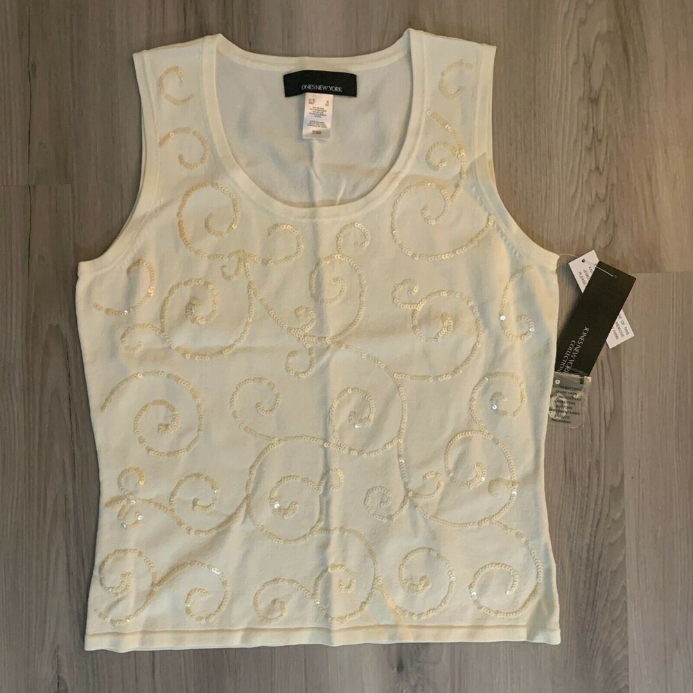 Jones New York Women's Tank Top Sweater Sleeveless Small Ivory Pullover Sequin